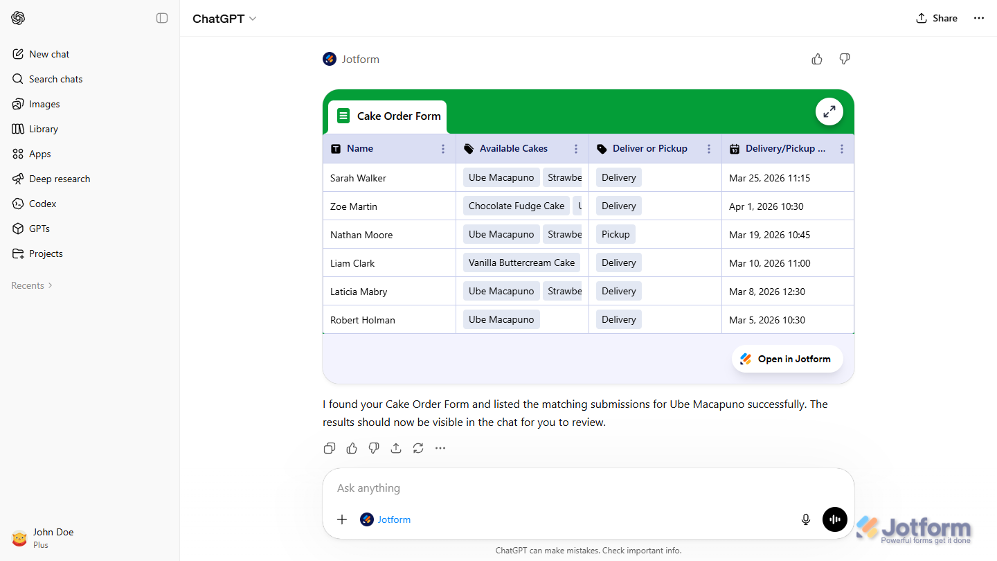 Filtered submissions in the Jotform Tables preview in the ChatGPT chat