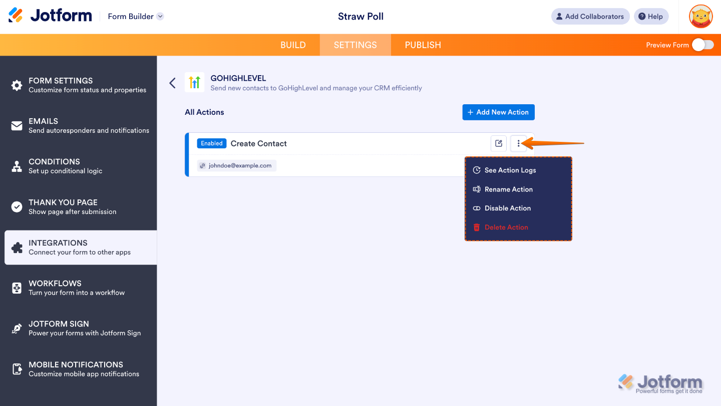 Form integrations page showing a connected GoHighLevel action with the Three Dots menu and Add New Action button visible