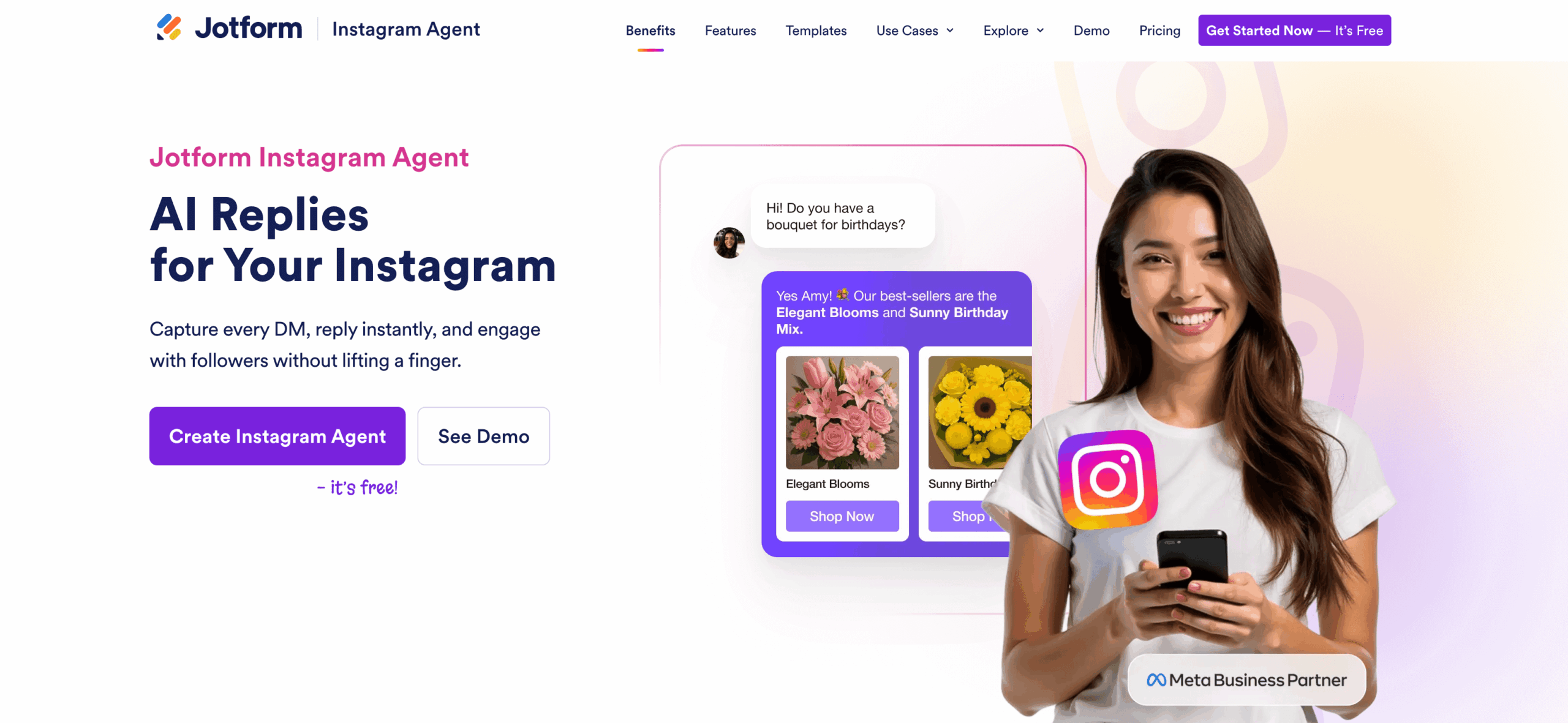 Screenshot of Jotform Instagram Agent landing page