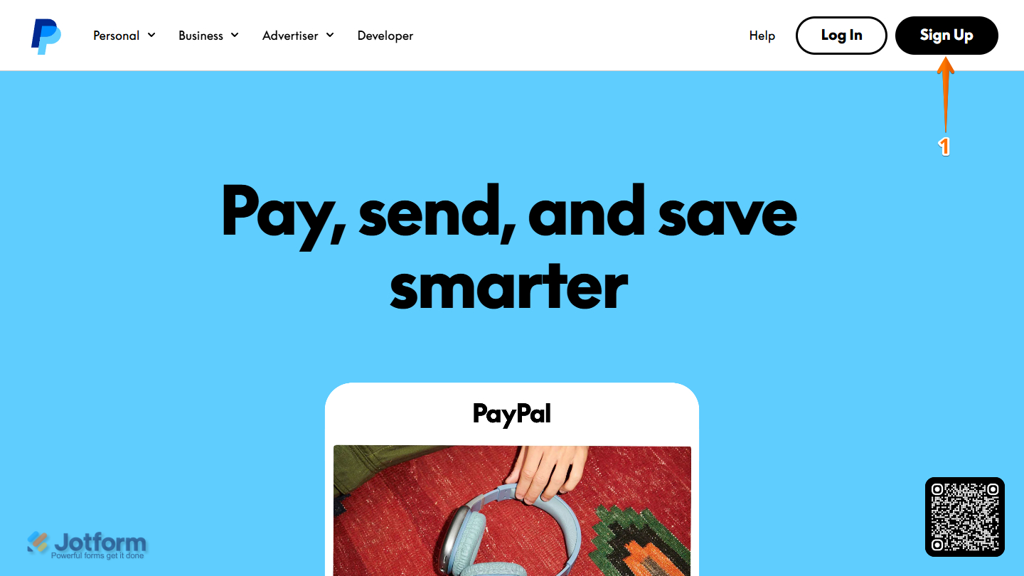 Signup menu on PayPal website