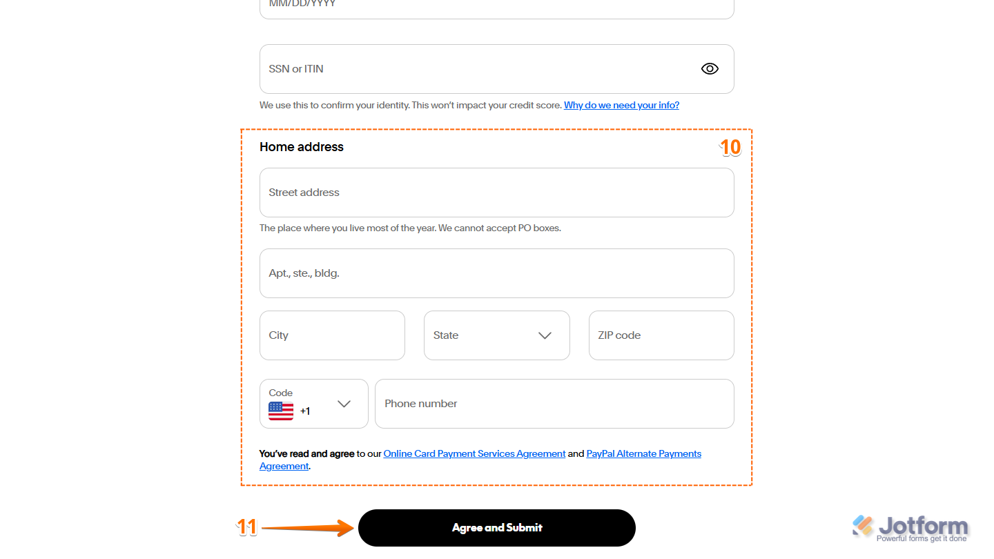 Home Address section in PayPal's signup flow