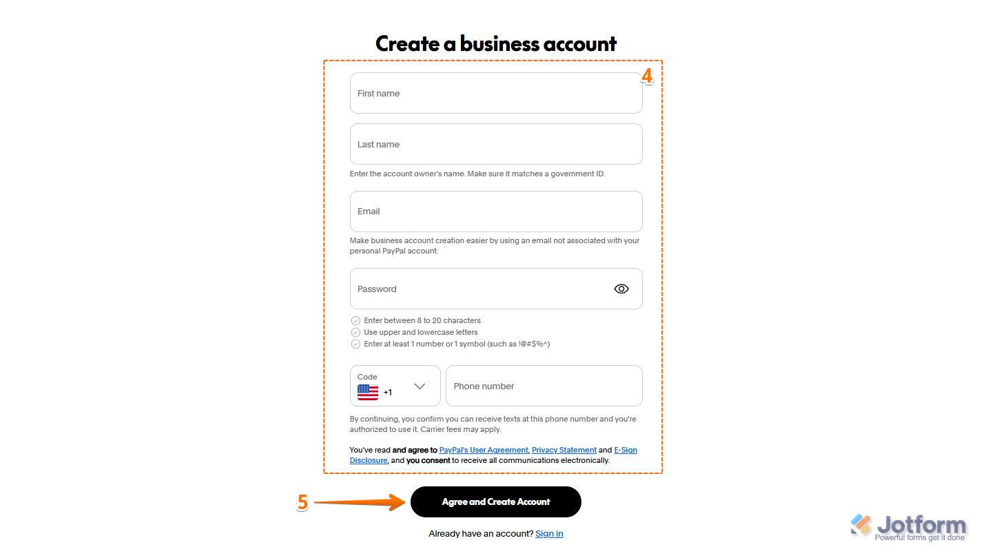 Signup details in PayPal's signup page