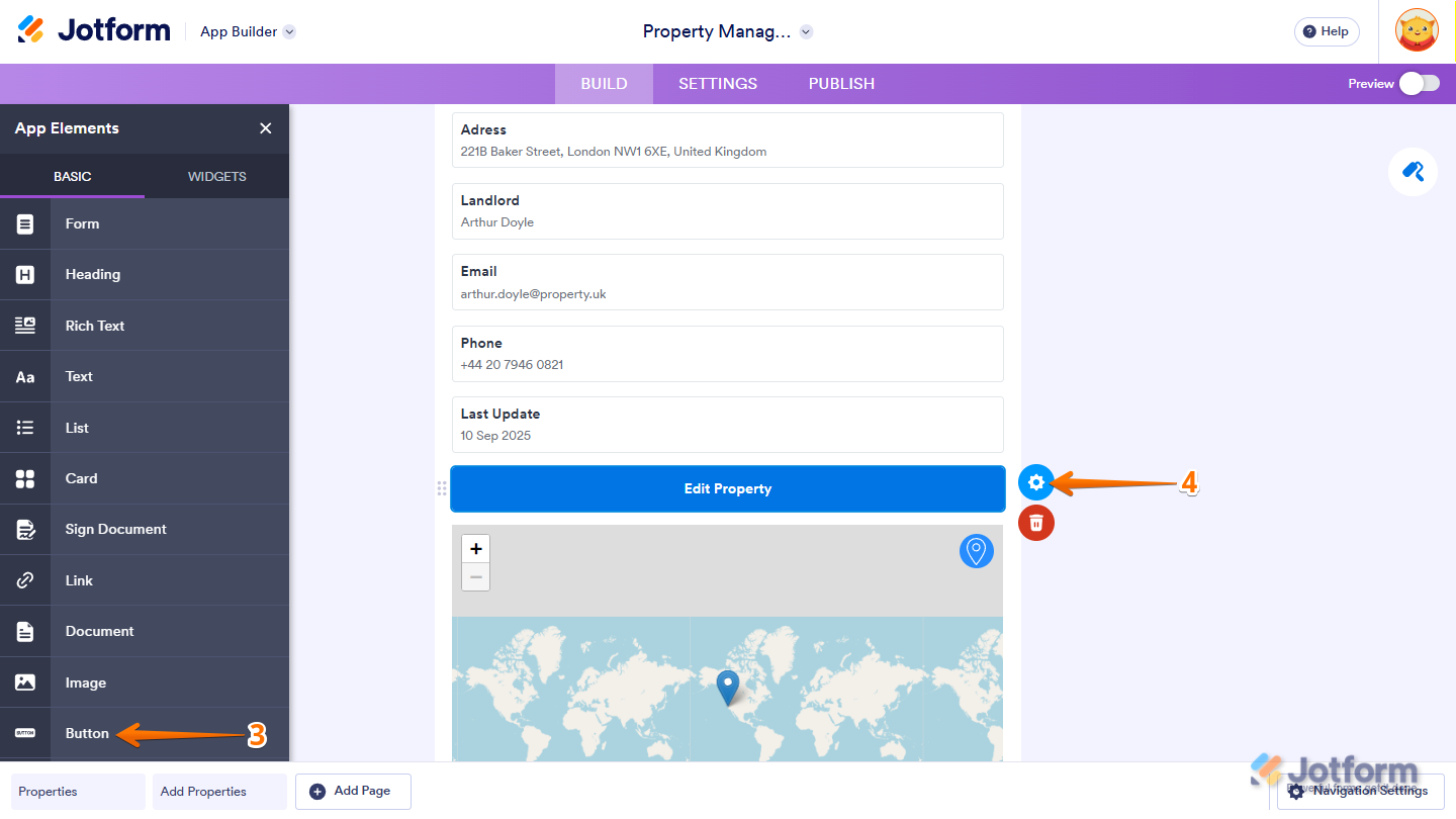 Dynamic Page editor showing Card Element selection and element settings gear icon in Jotform