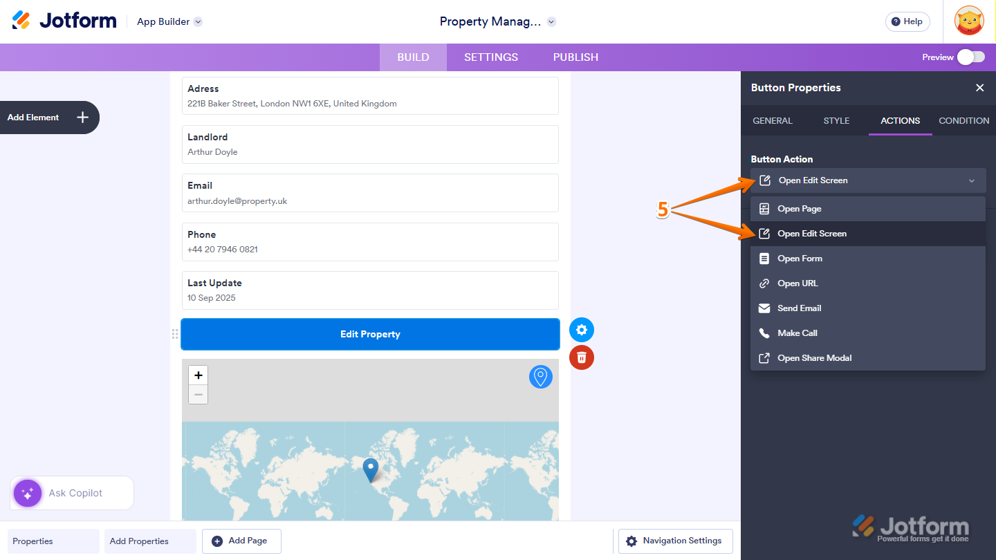 Dynamic Page editor showing Button Element selection and element settings gear icon in Jotform