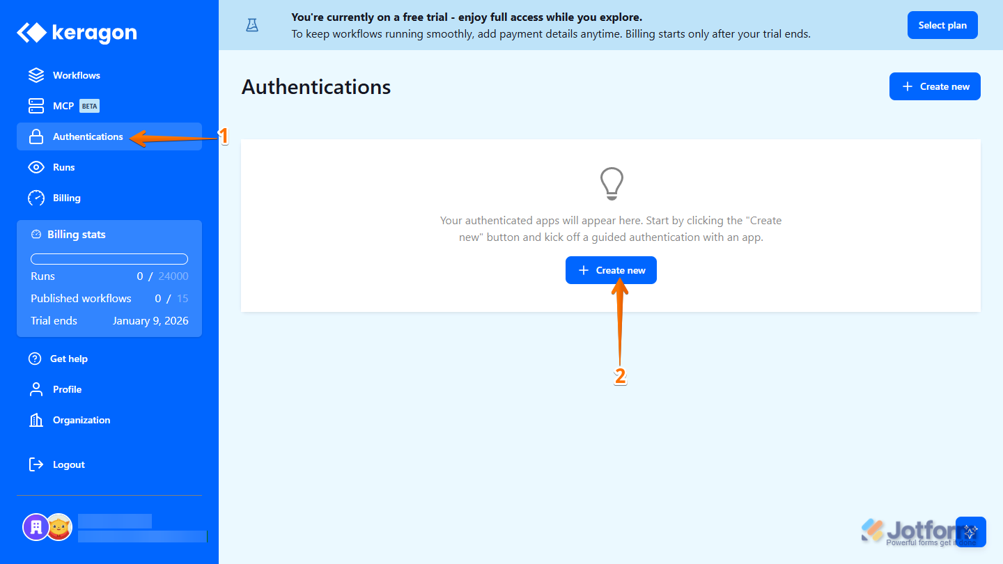 Accessing the Authentications section and clicking Create New in the Keragon dashboard to start setting up the Jotform–Keragon integration,