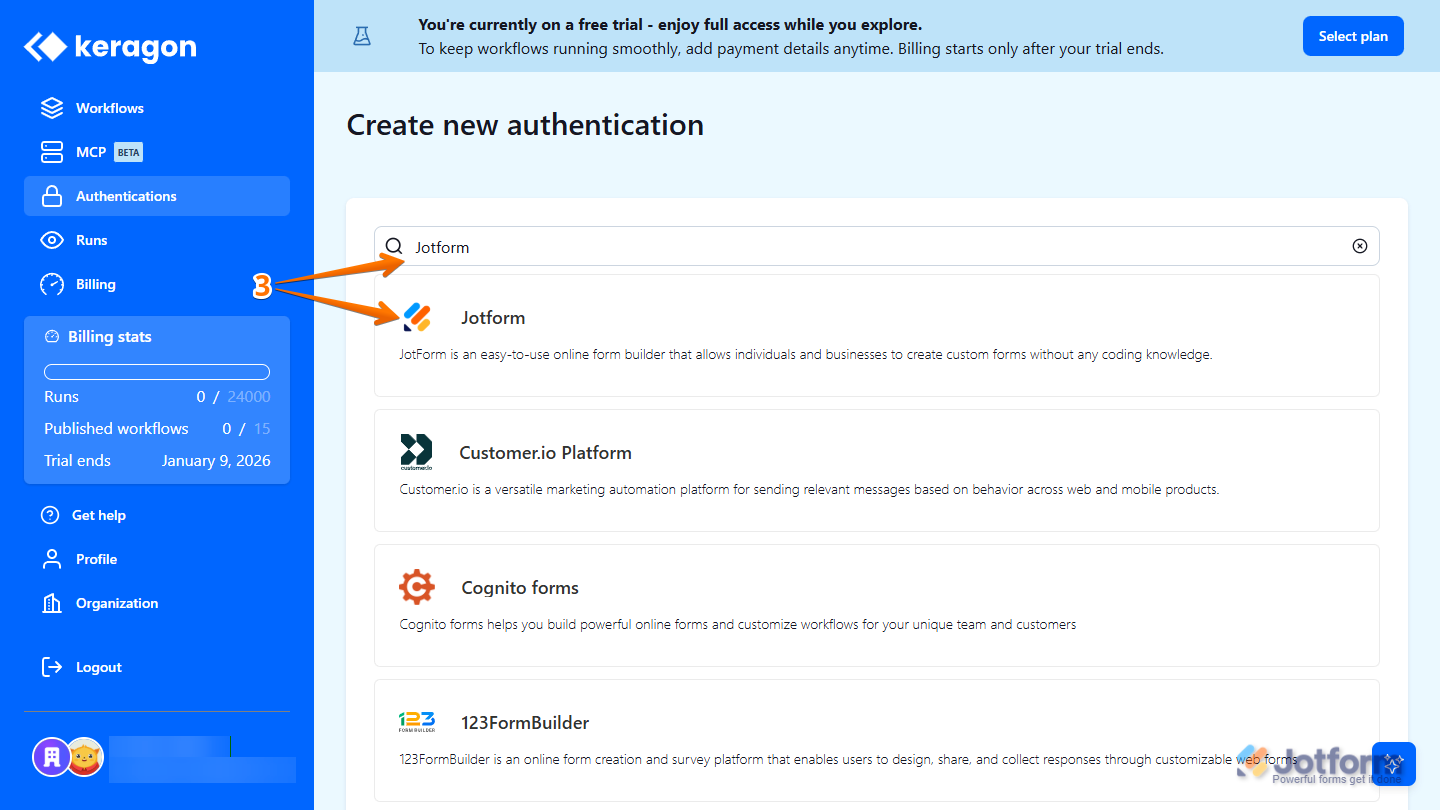 Searching for and selecting Jotform on the Create New Authentication page in the Keragon dashboard to continue the Jotform–Keragon integration setup