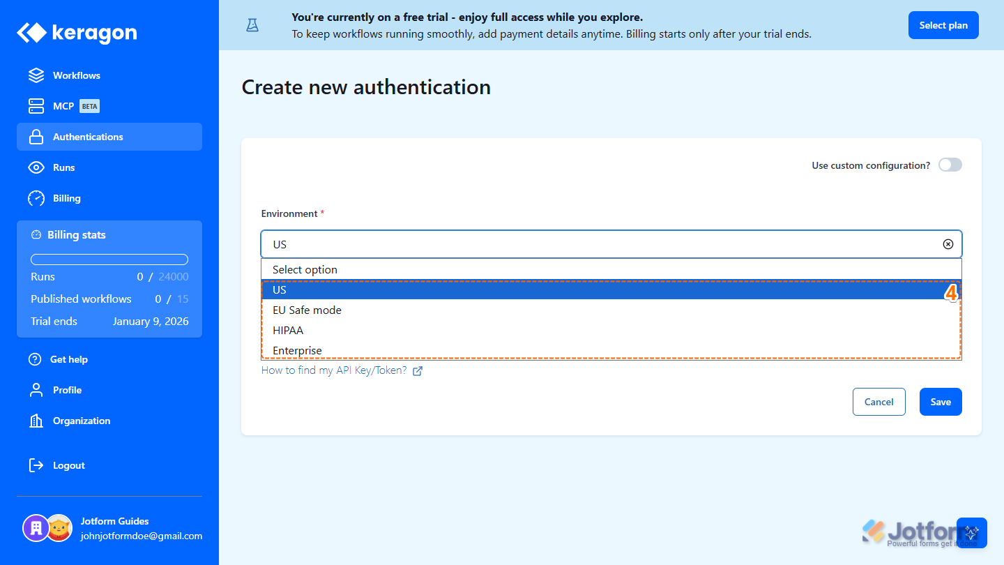 Selecting the appropriate environment from the Environment dropdown in Keragon’s Create New Authentication page, including US, EU Safe Mode, HIPAA, or Enterprise options for Jotform integration