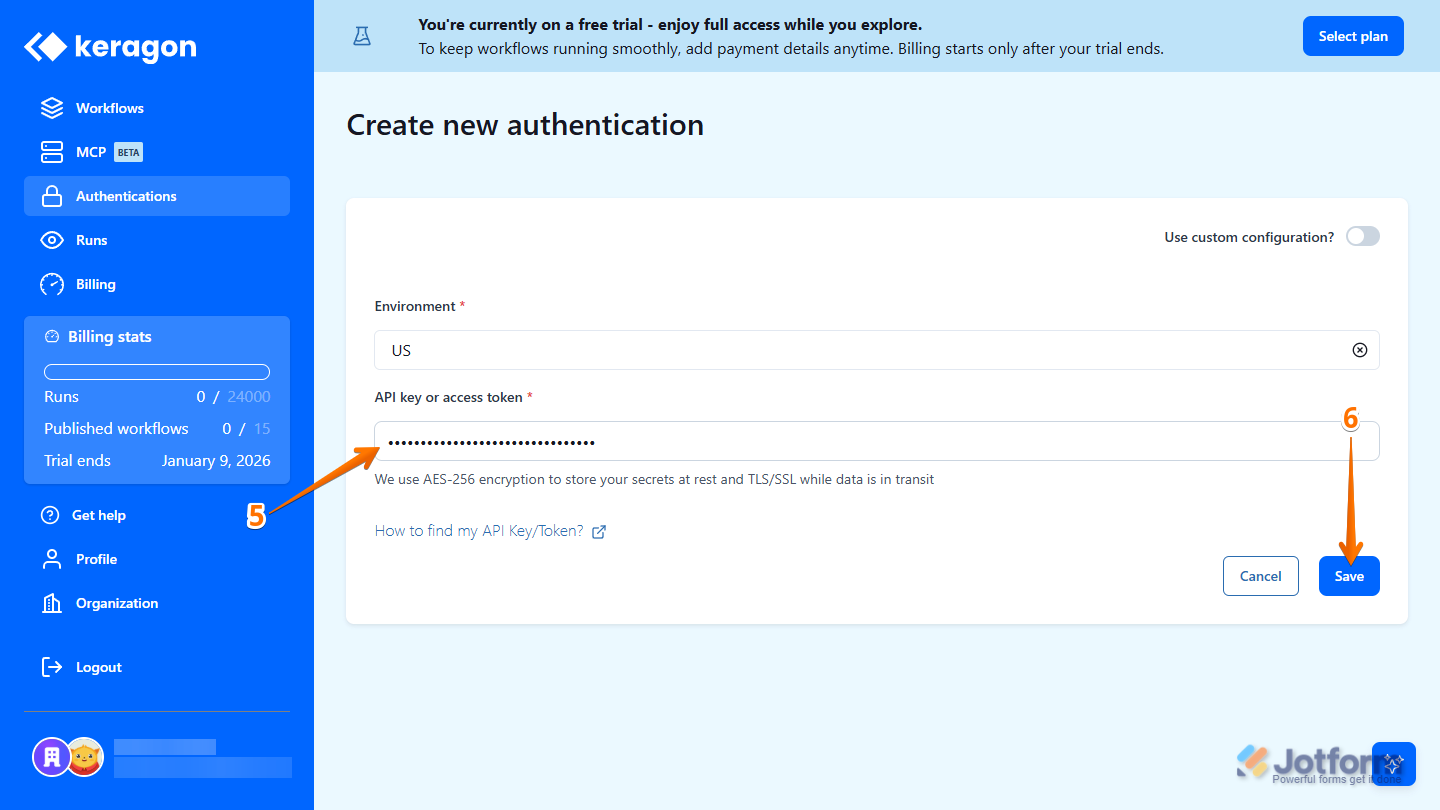 Entering the Jotform API Key or Access Token in Keragon’s Create New Authentication page and clicking Save to complete the integration setup