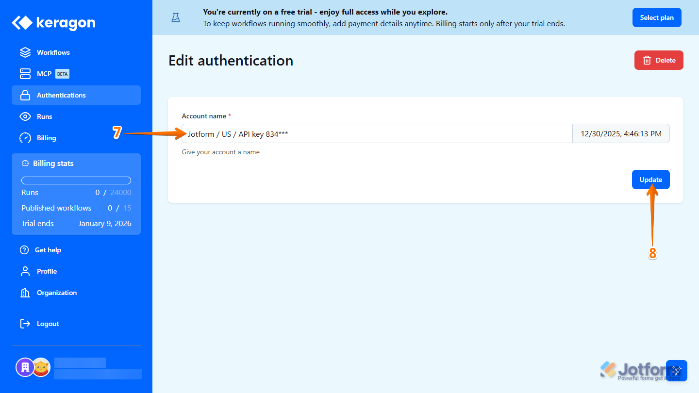 Naming your Jotform account in the Account Name field in Keragon and clicking Update to finalize the integration