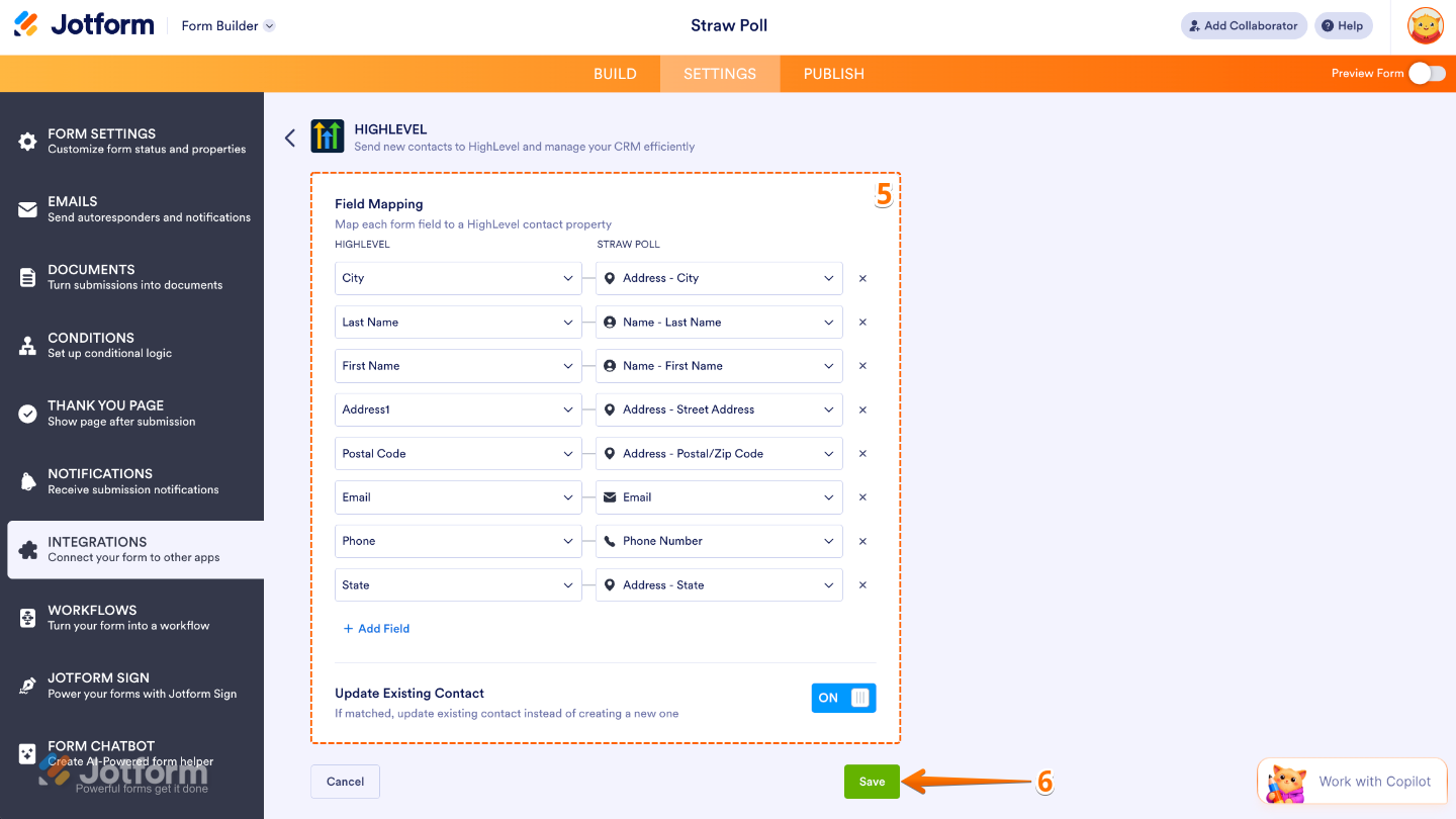 GoHighLevel integration settings showing field mapping between form fields and GoHighLevel contact fields, with the option to update existing contacts