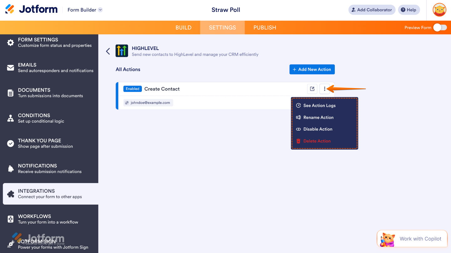 Form integrations page showing a connected GoHighLevel action with the Three Dots menu and Add New Action button visible