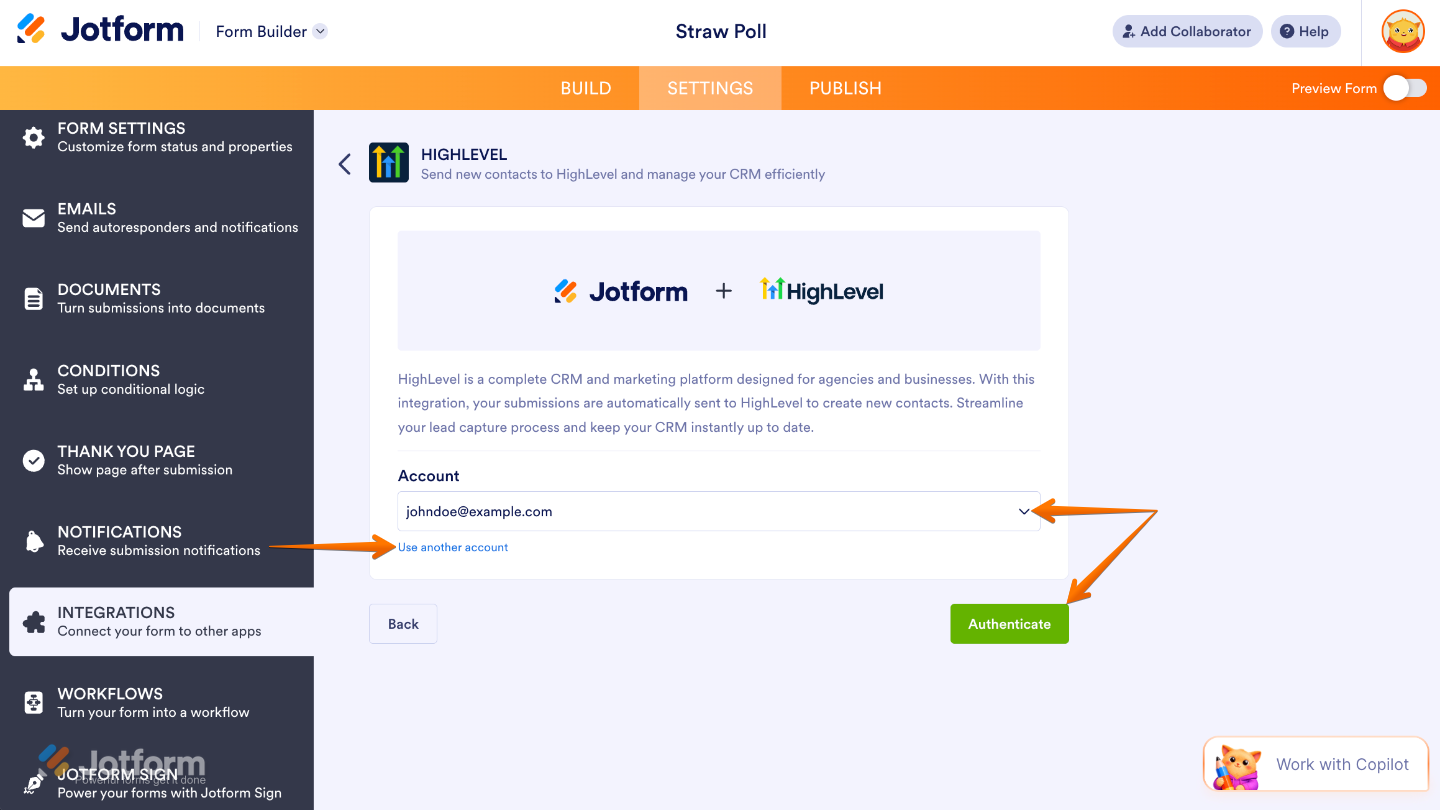 GoHighLevel integration showing an account selection dropdown with options to authenticate an existing account or use another account