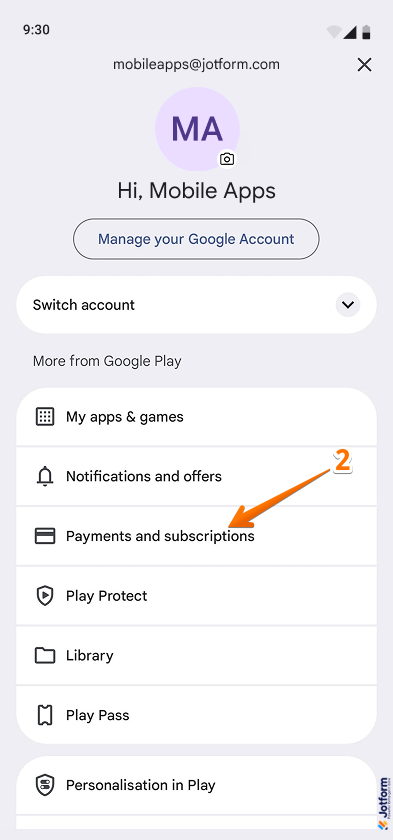 Payments and Subscriptions menu in the Profile screen of the Play Store app for Android