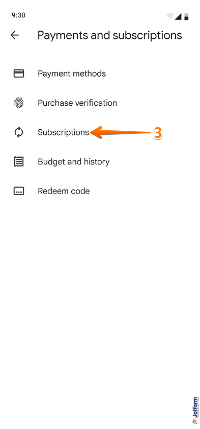 Subscriptions option in the Payments and Subscriptions menu of the Play Store app for Android
