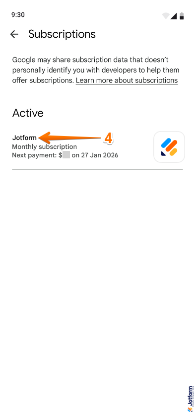 Jotform subscription in the Play Store app for Android