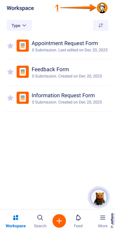 Workspace screen of the Jotform Mobile Form app