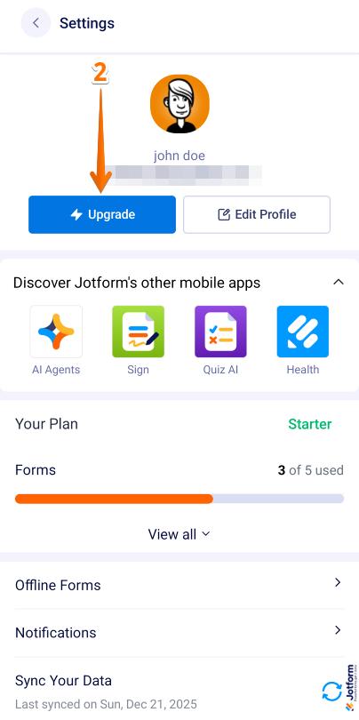 Upgrade button in the Jotform Mobile Form app