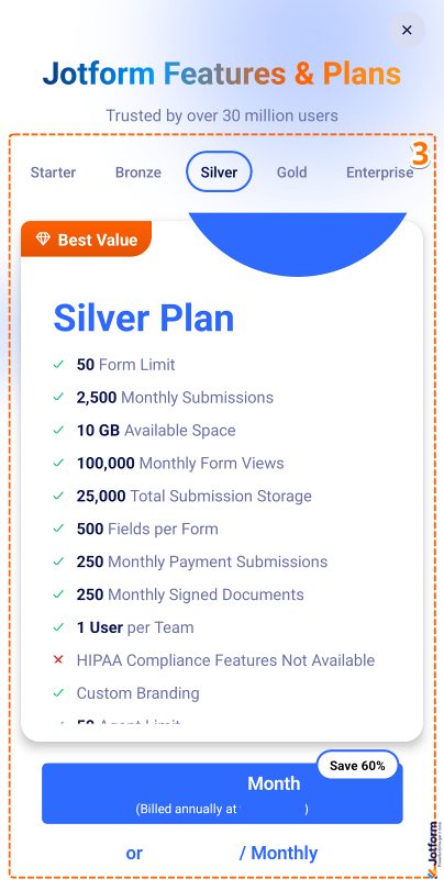 Pricing screen in the Jotform Mobile Form app
