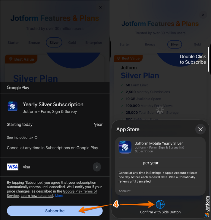 Subscribe screen of the Jotform Mobile Forms app in Android and iOS