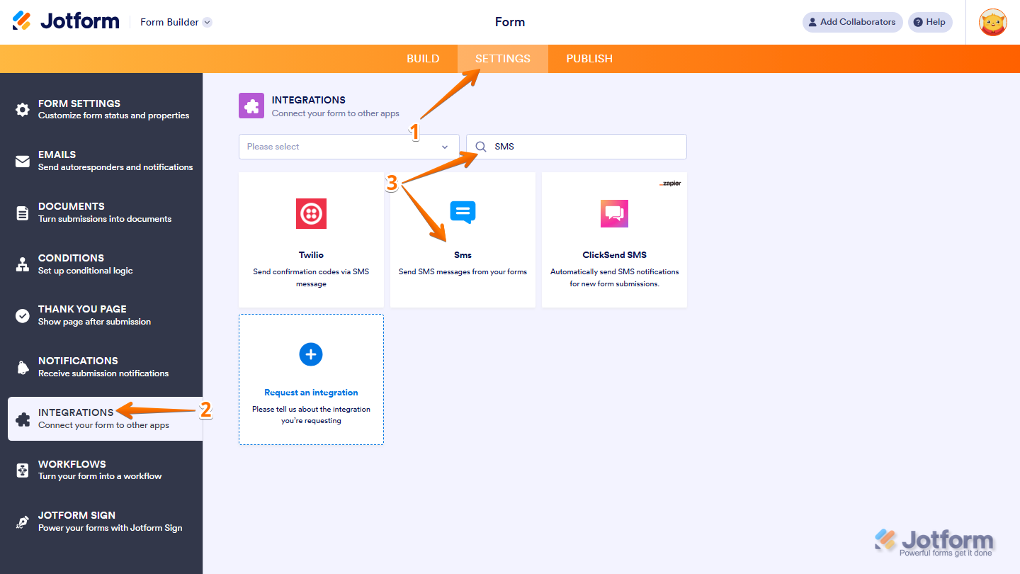 Form Builder Settings showing Integrations tab with SMS integration selected in Jotform