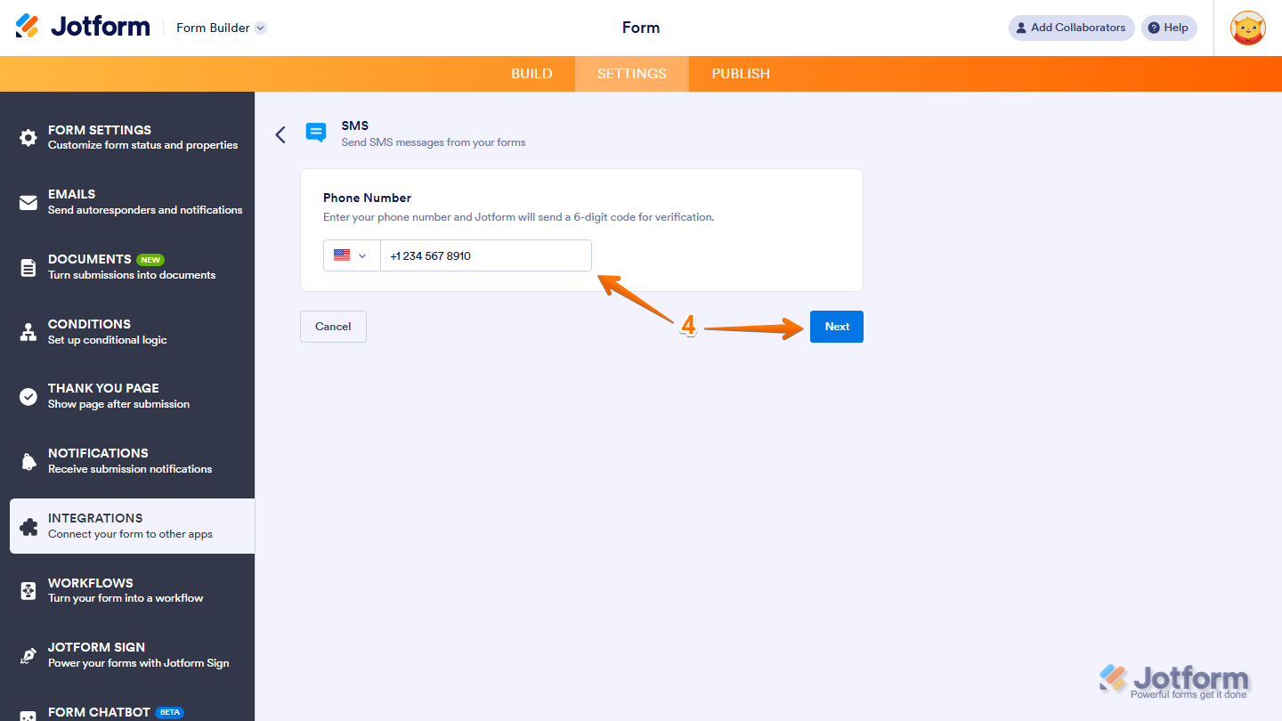 SMS integration settings showing Phone Number field and Next button for verification in Jotform
