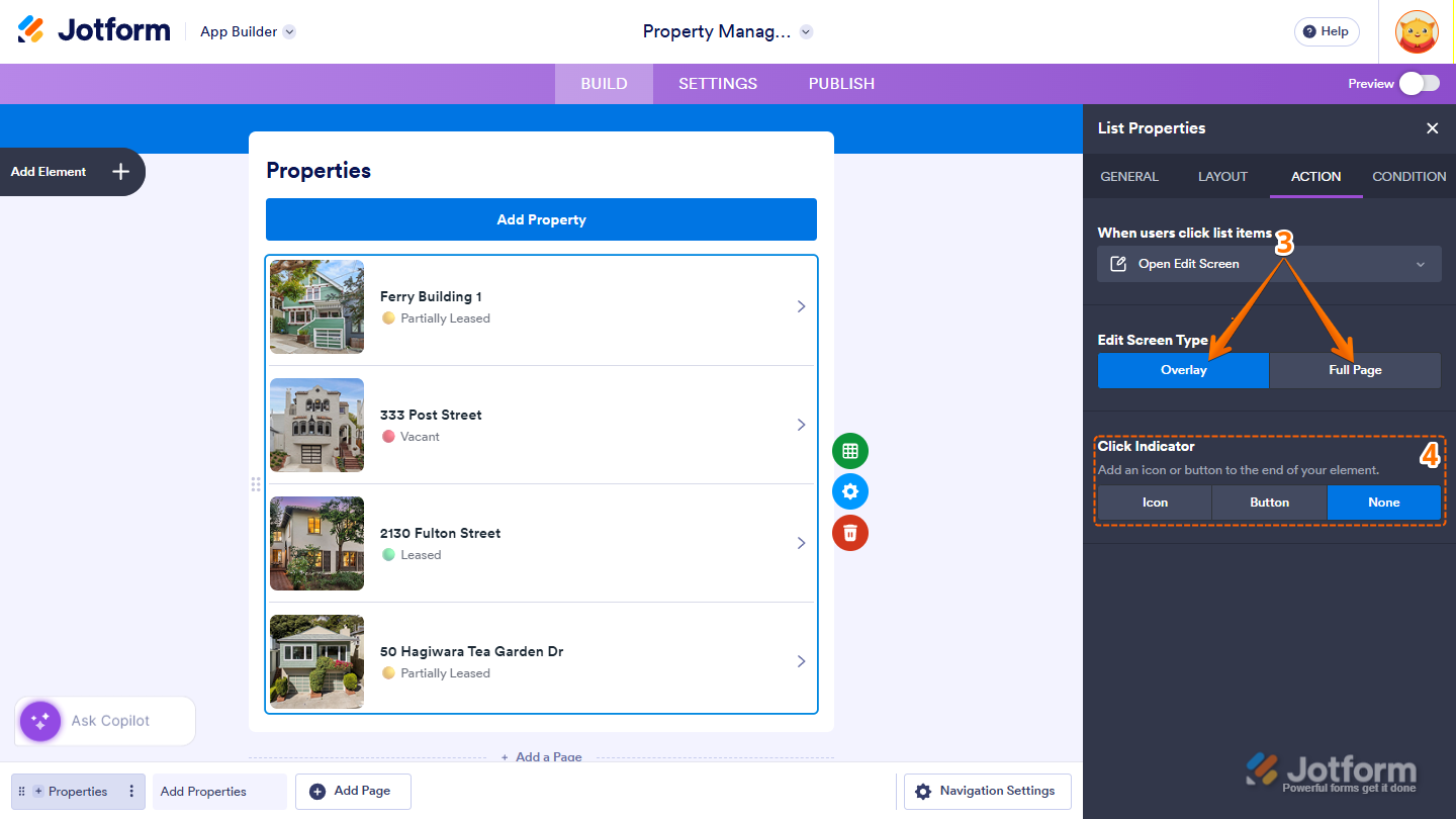 Edit Screen Type settings showing Overlay and Full Page options with Click Indicator icon button and none choices in Jotform