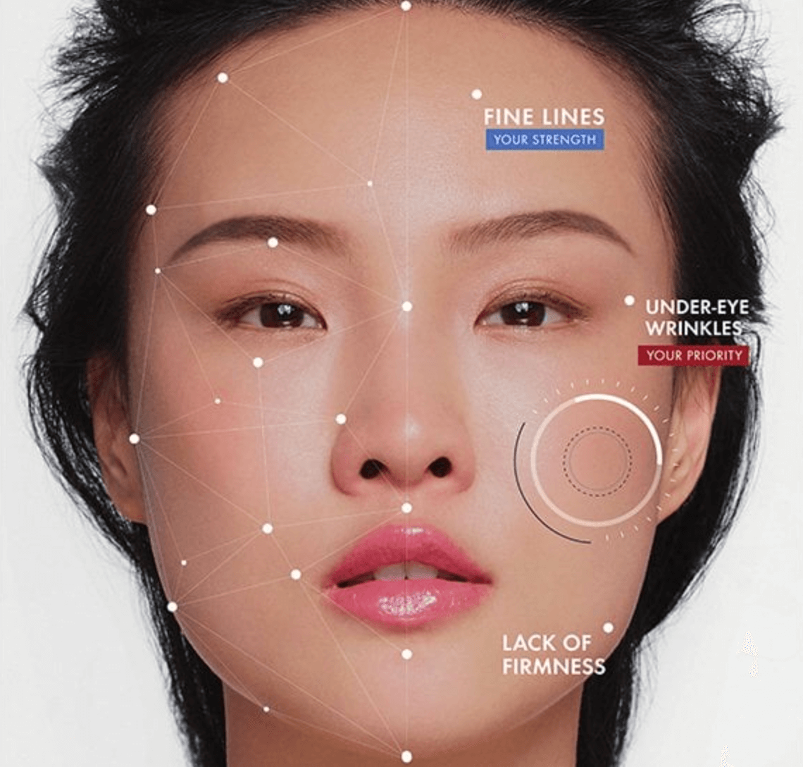 AI-powered skin analysis showing a woman’s face with facial mapping points highlighting fine lines, under-eye wrinkles, and lack of firmness