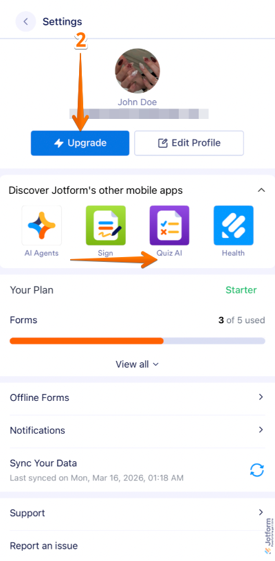 Upgrade button in the Jotform Mobile Form app