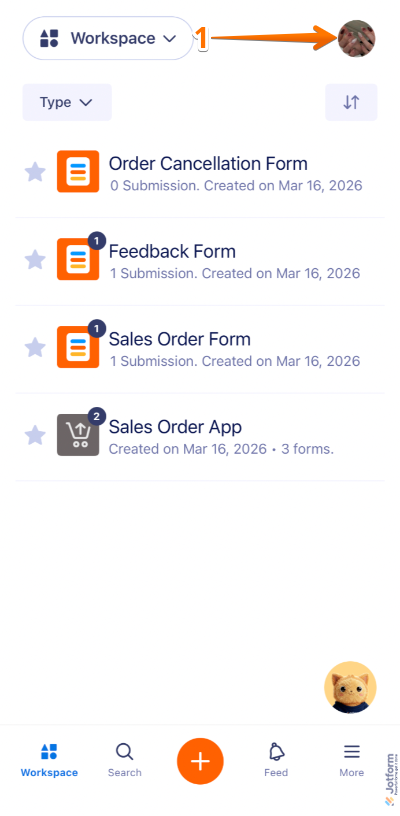 Workspace screen of the Jotform Mobile Form app