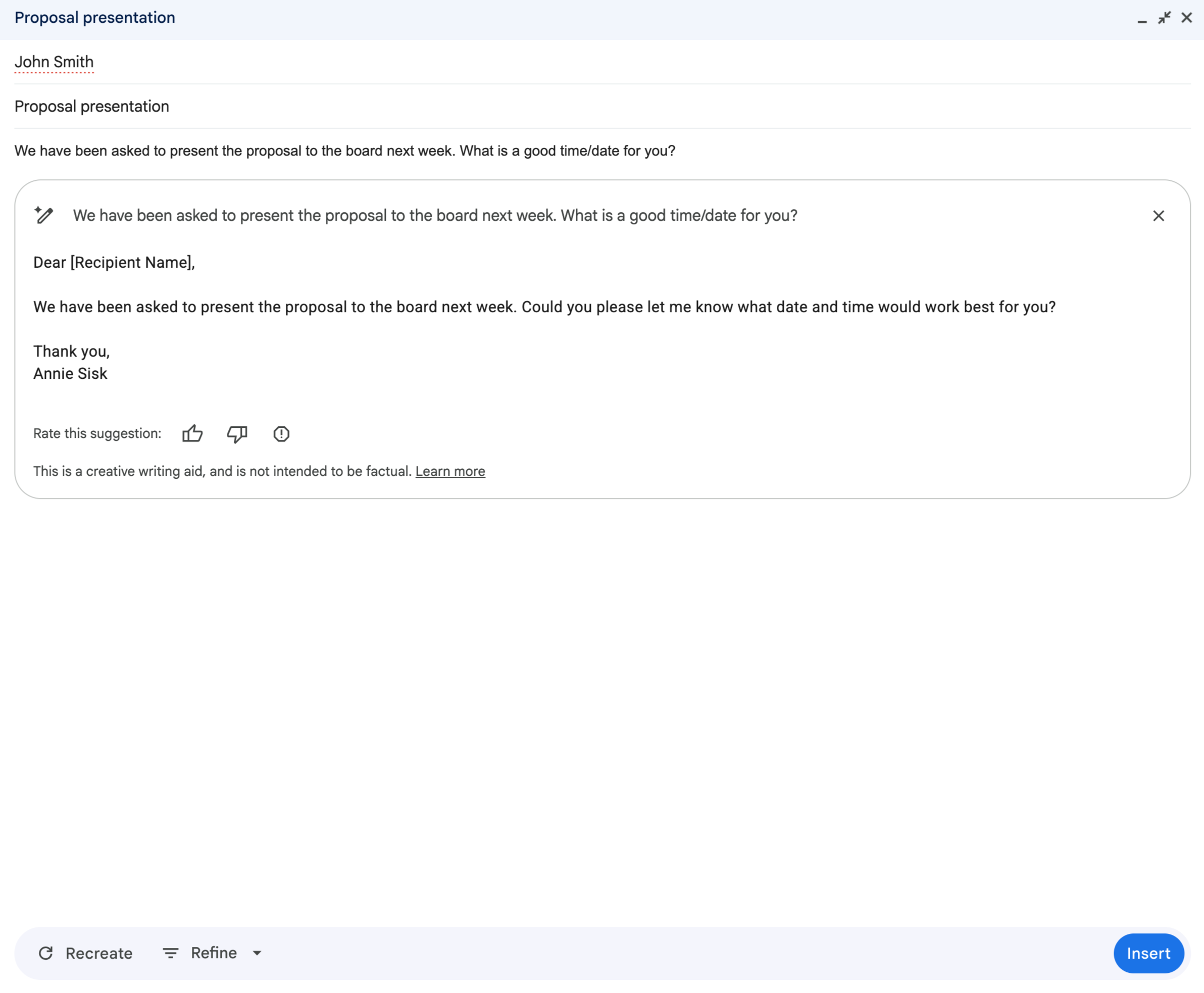 A suggested message asks to schedule a proposal presentation for next week