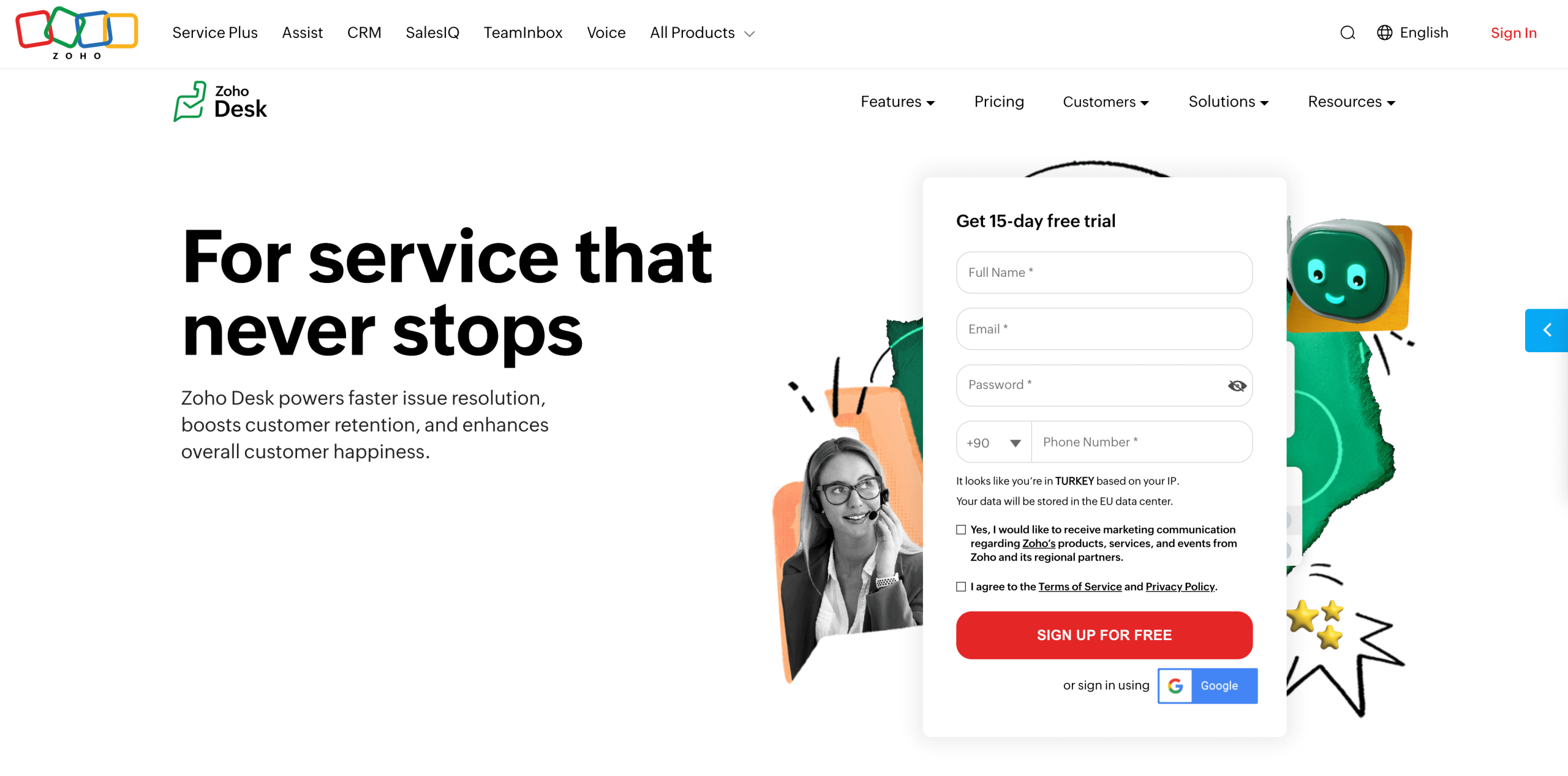 Screenshot of Zoho Desk landing page