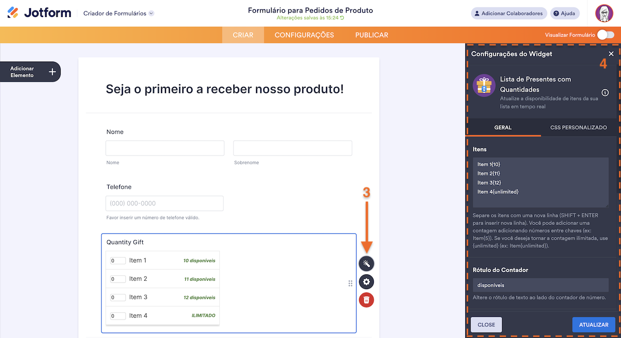 Propriedades do Widget Lista de Presentes com Quantidades