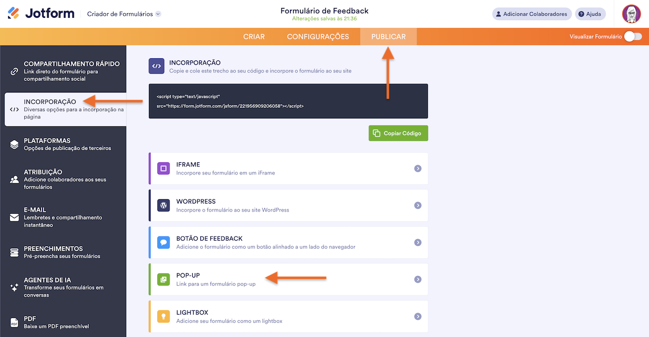 Acessando o Código de Incorporação do Pop-up