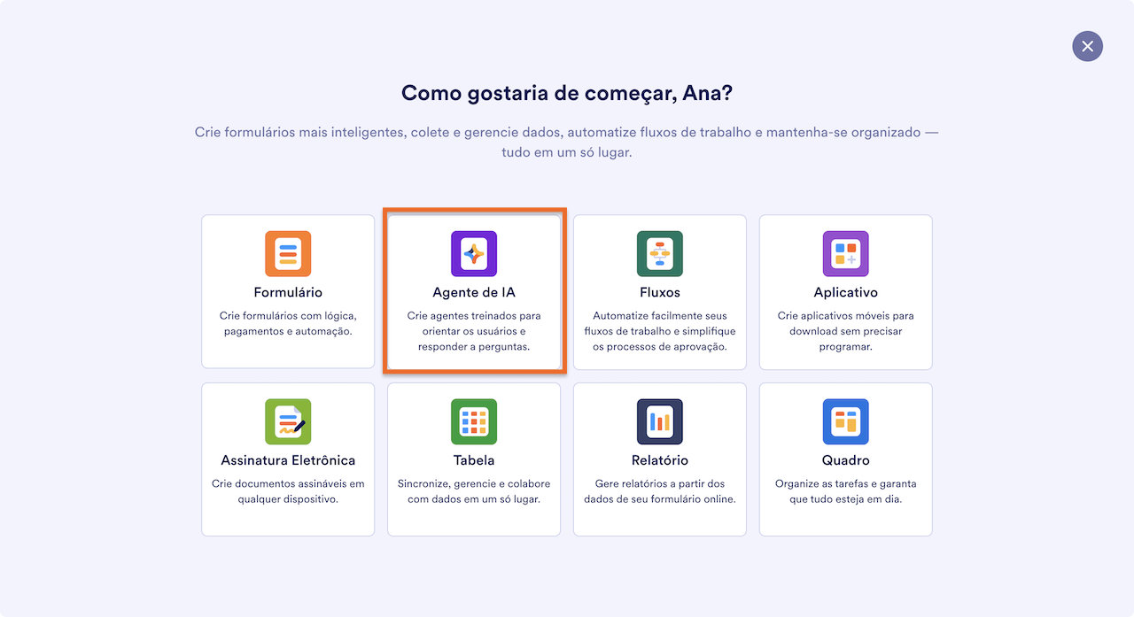 Selecionando Agente de IA no Espaço de Trabalho Jotform