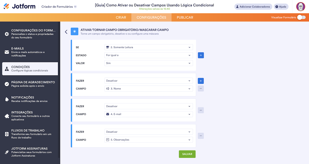 Configurando Condições