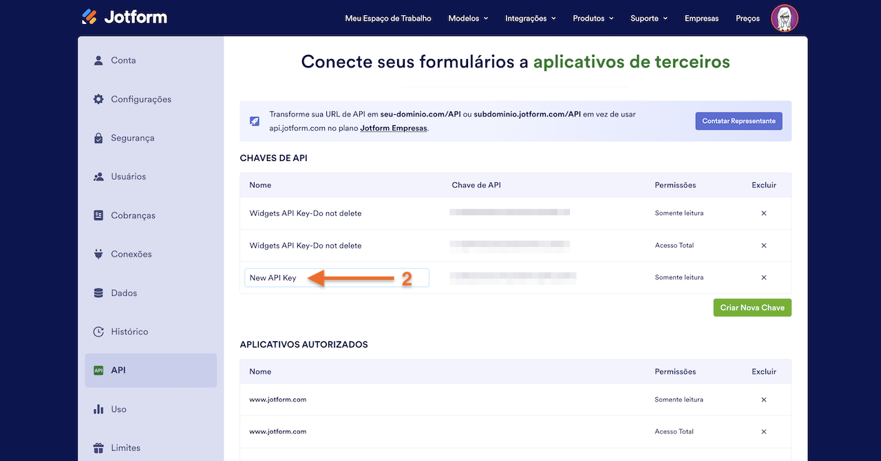 Renomeando Chave de API