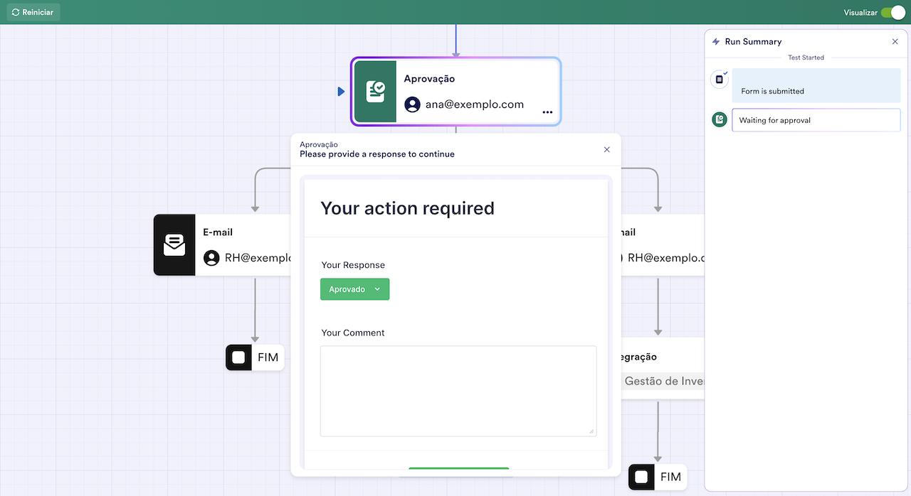 Visualizando a janela do Resumo de Execução no Criador de Fluxos Jotform