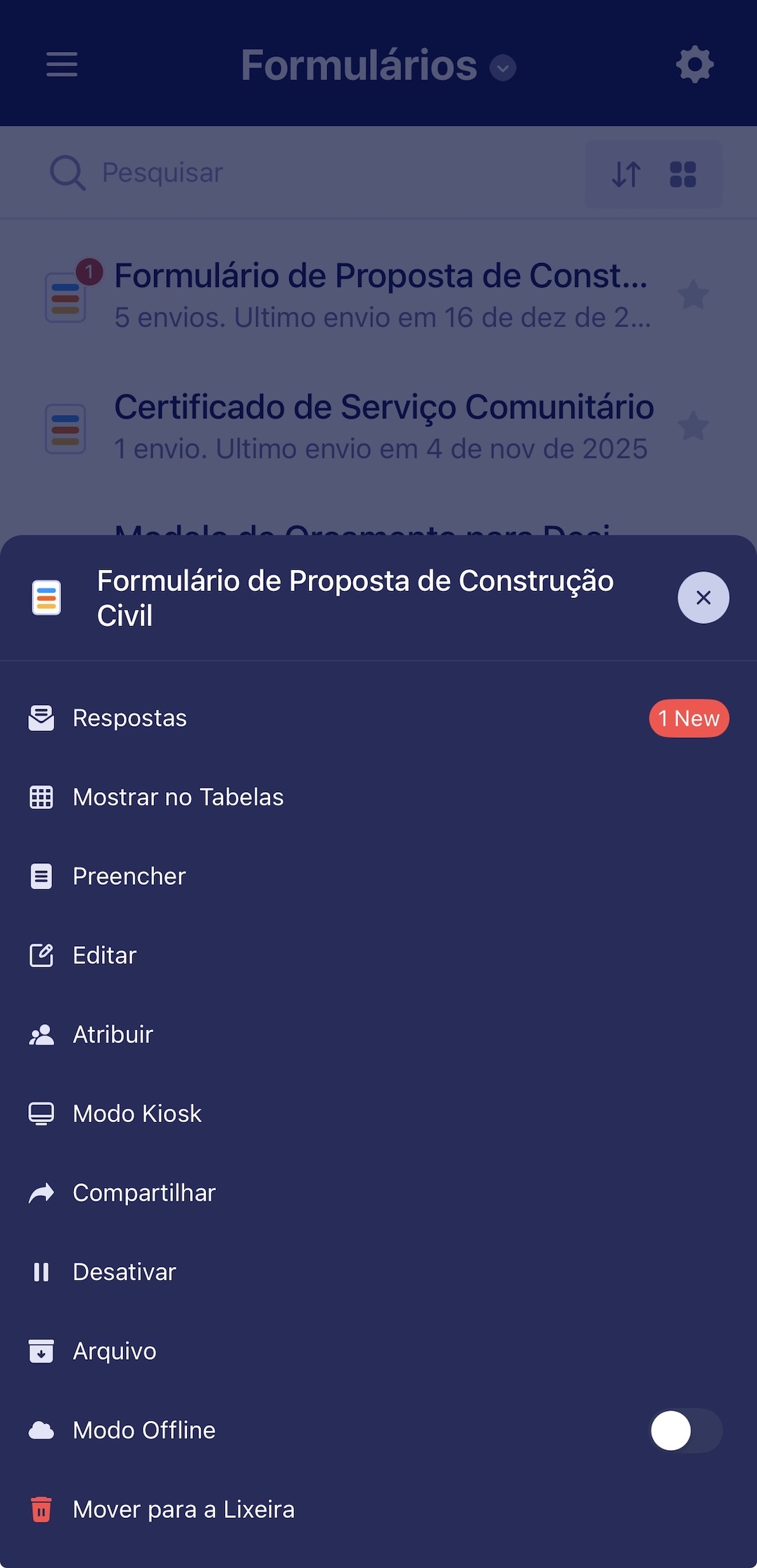 Opções ao Clicar no Formulário