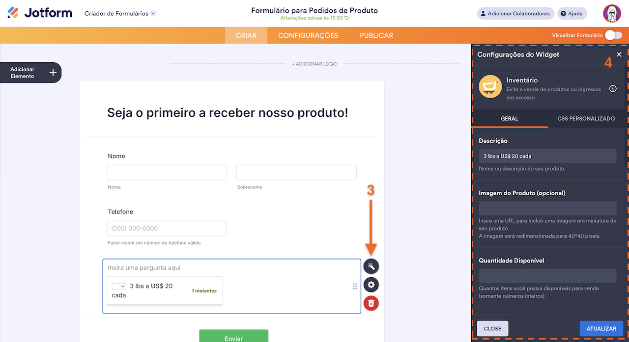 Propriedades do Widget Inventário