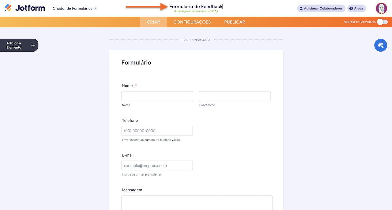 Alterando Nome do Formulário no Criador de Formulários