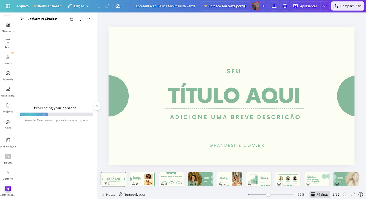 Captura de tela do Jotform AI Chatbot processando conteúdo e design