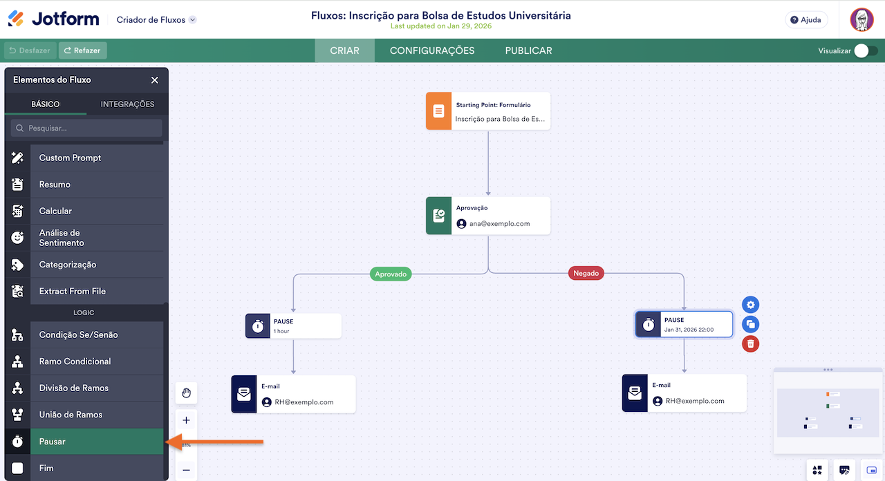 Clicando no botão Pausar nos Elementos do Fluxo