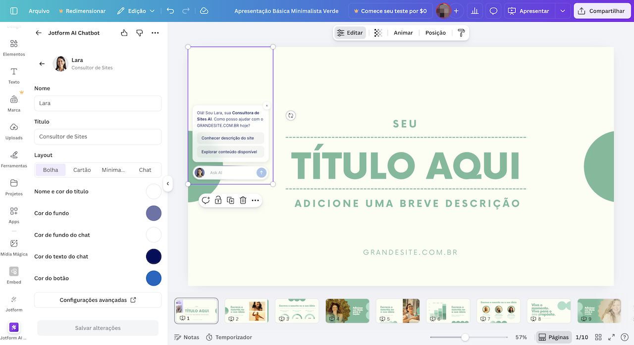 Captura de tela do Jotform AI Chatbot processando conteúdo e design
