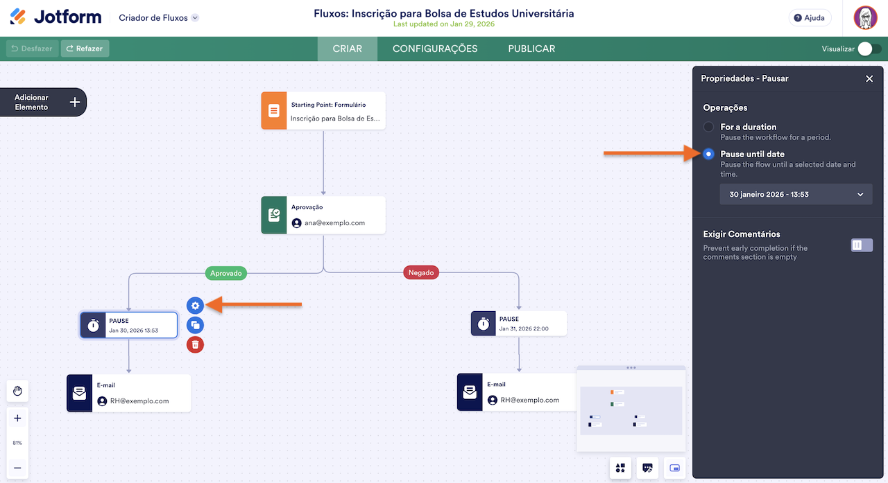 Clicando na opção Pausar até data nas Propriedades do elemento Pausar no Criador de Fluxos Jotform