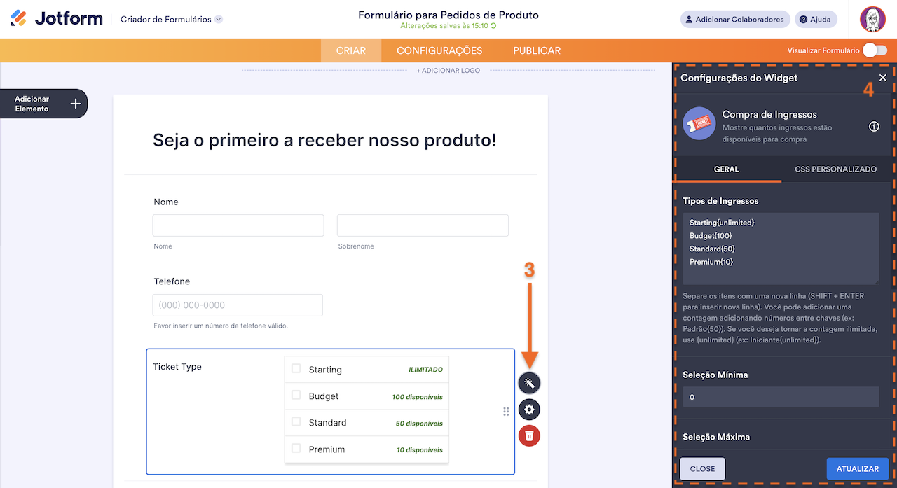 Propriedades do Widget Compra de Ingressos
