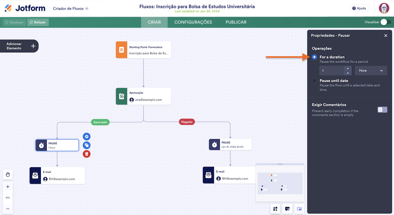Definindo uma duração na Janela de Propriedades do elemento Pausar no Criador de Fluxos Jotform