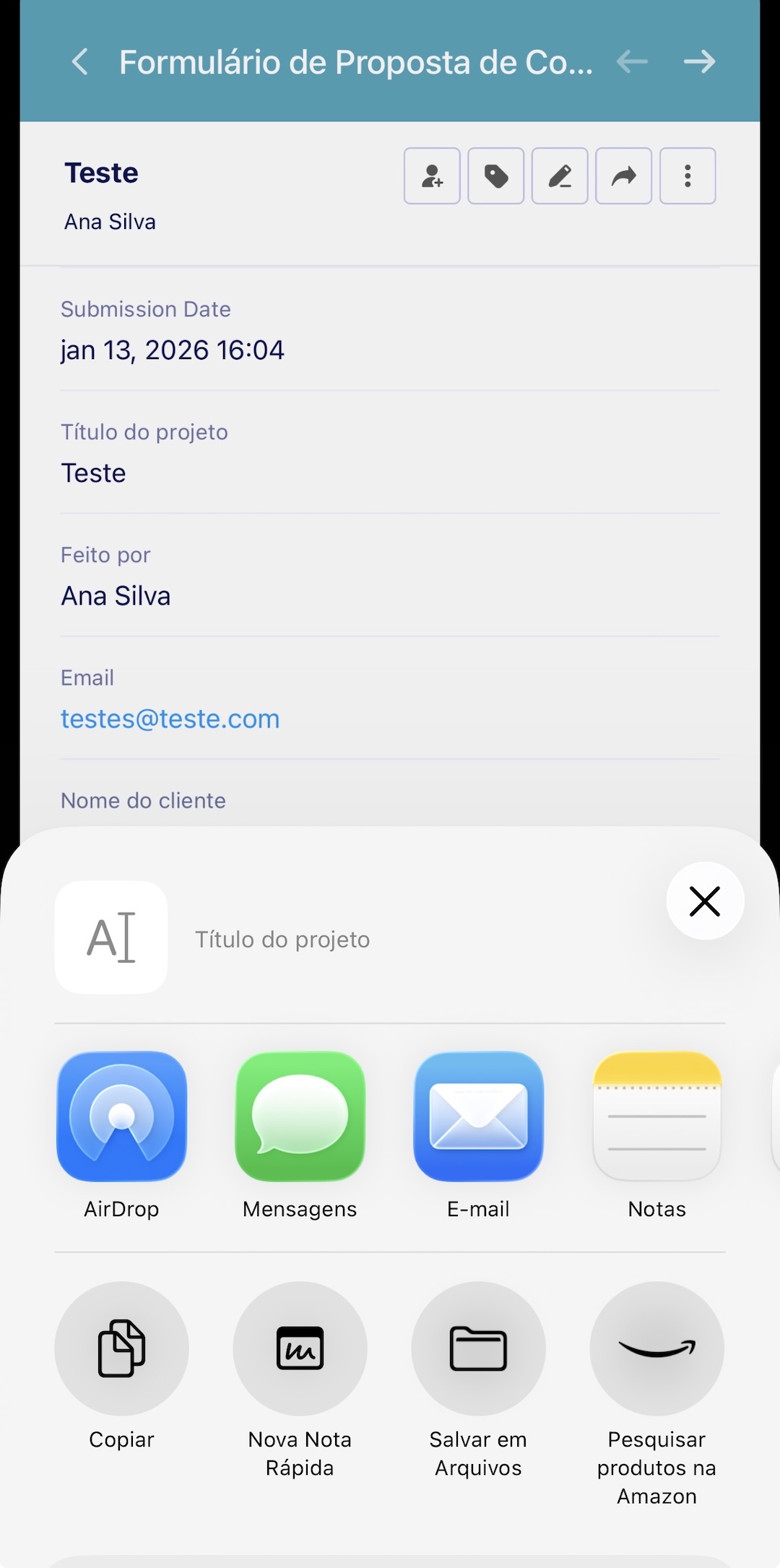 Opções de Compartilhamento do Formulário no iPhone