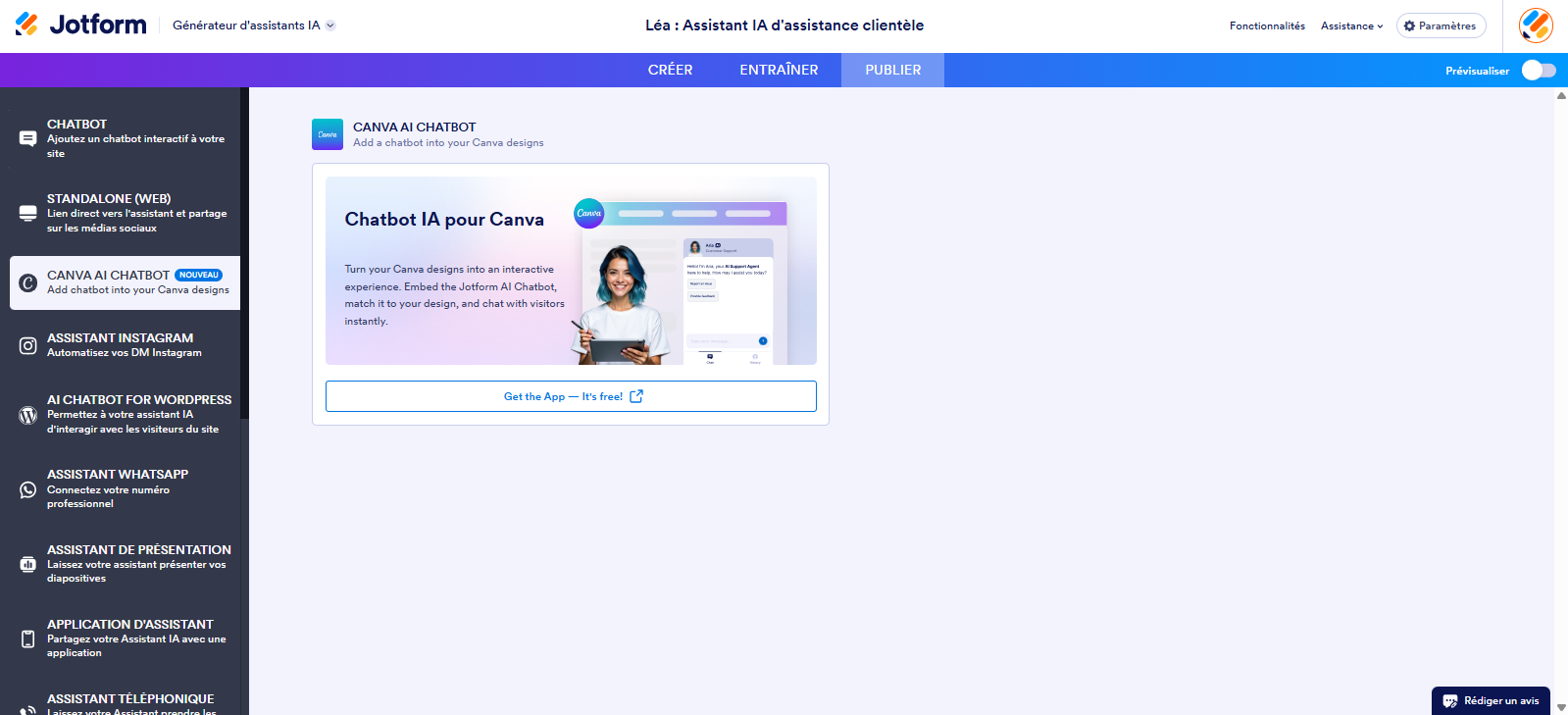 Capture d'écran de la page Chatbot IA pour Canva dans le Générateur d'Assistants IA Jotform