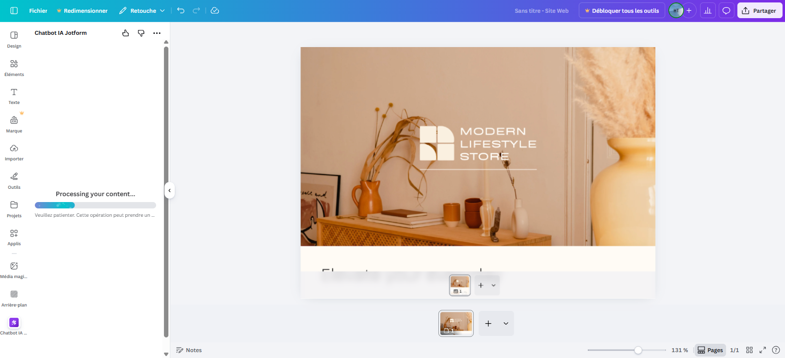 Capture d'écran du Chatbot IA Jotform en train de traiter le contenu et de configurer sa conception