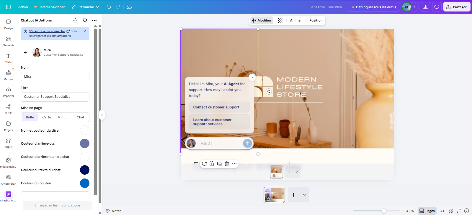 Capture d'écran qui montre l'assistant IA créé et les options de personnalisation